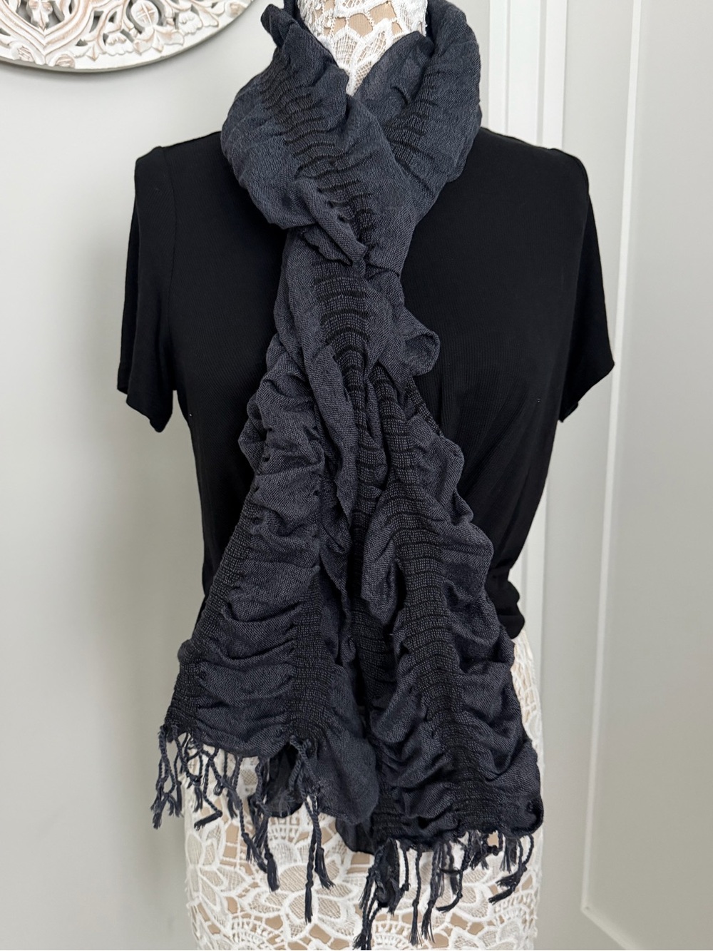 Charcoal Black Ruffled Fringe Scarf